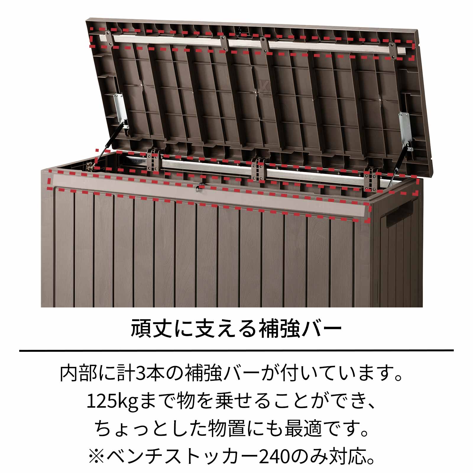 5周年記念イベントが 屋外収納 天馬 ベンチストッカー 木目調 屋外 収納 キャスター付き 240L 天板耐荷重125kg ガス圧式開閉 防水  鍵穴付き UV耐候 マルチストッカー 物置 スチール収納庫 屋外収納庫 灯油缶本収納