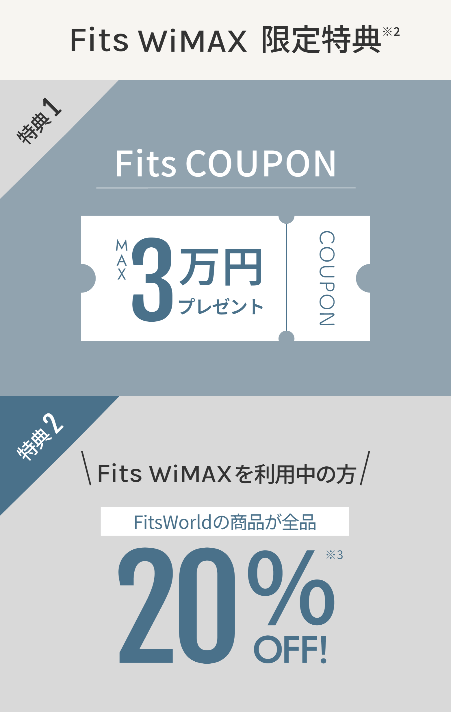 FitsWiMAX限定特典、MAX 30,000円プレゼント、1年間FitsWolrdの商品が全品30%オフ
